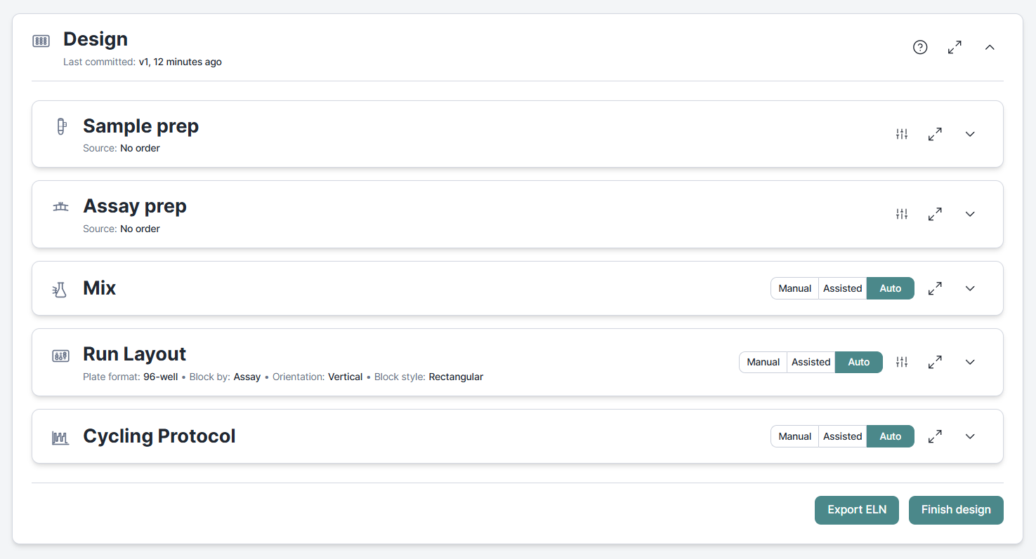 The new Design workflow with plate format moved into the Run Layout section and Cycling Protocol moved to the end of the workflow