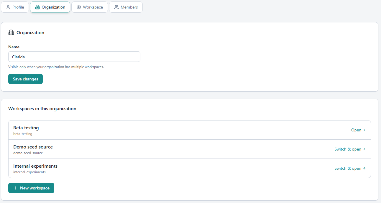 Organization settings showing the org name and a list of workspaces inside it (Beta testing, Demo seed source, Internal experiments) with a New workspace button