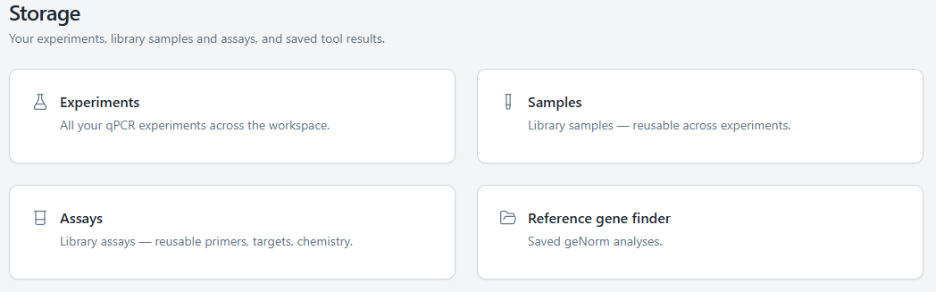 Storage hub showing four cards: Experiments, Samples, Assays, and Reference gene finder