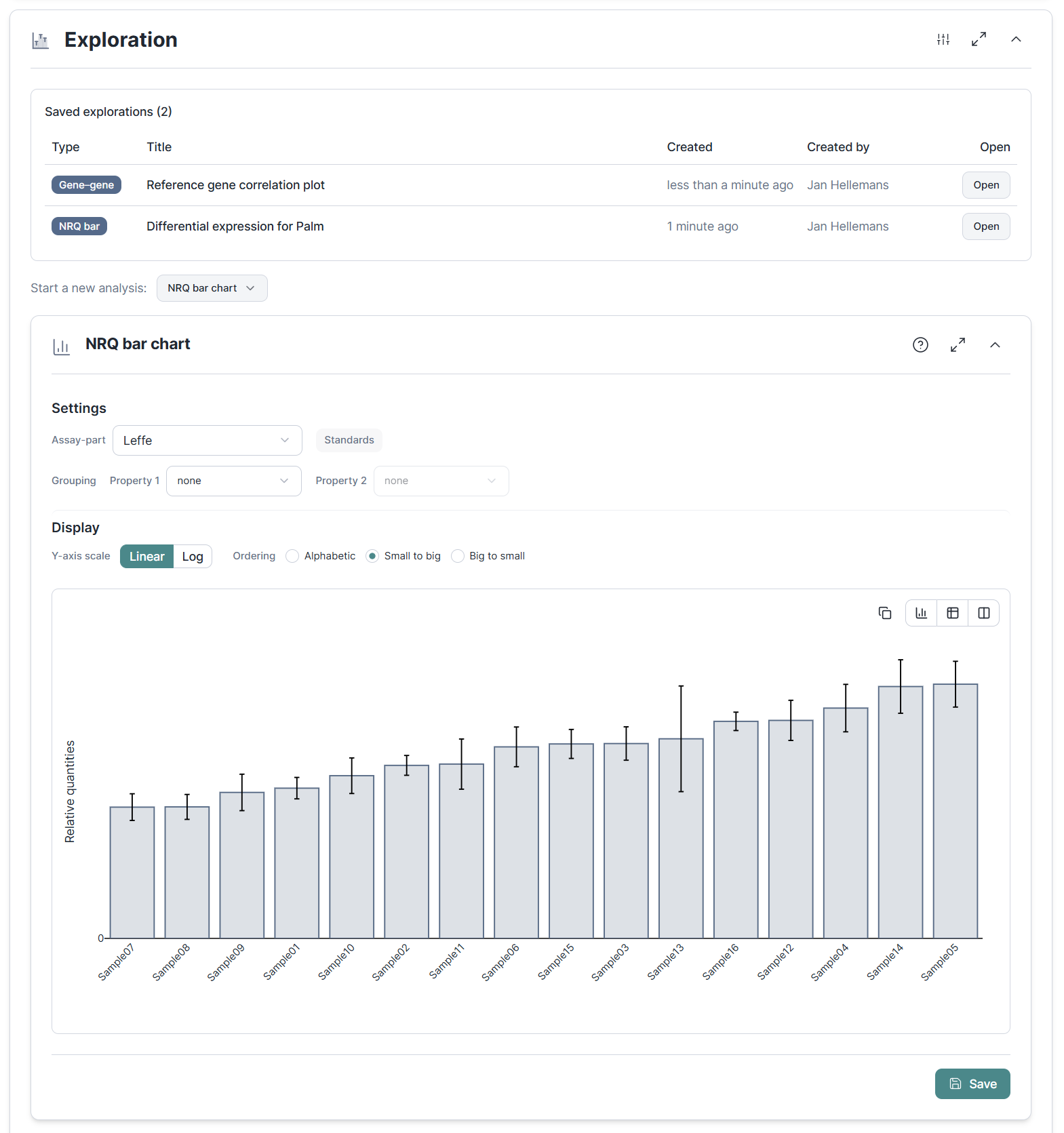 Exploration section with a Saved explorations list and a live NRQ bar chart configured by assay-part, grouping, scale, and ordering